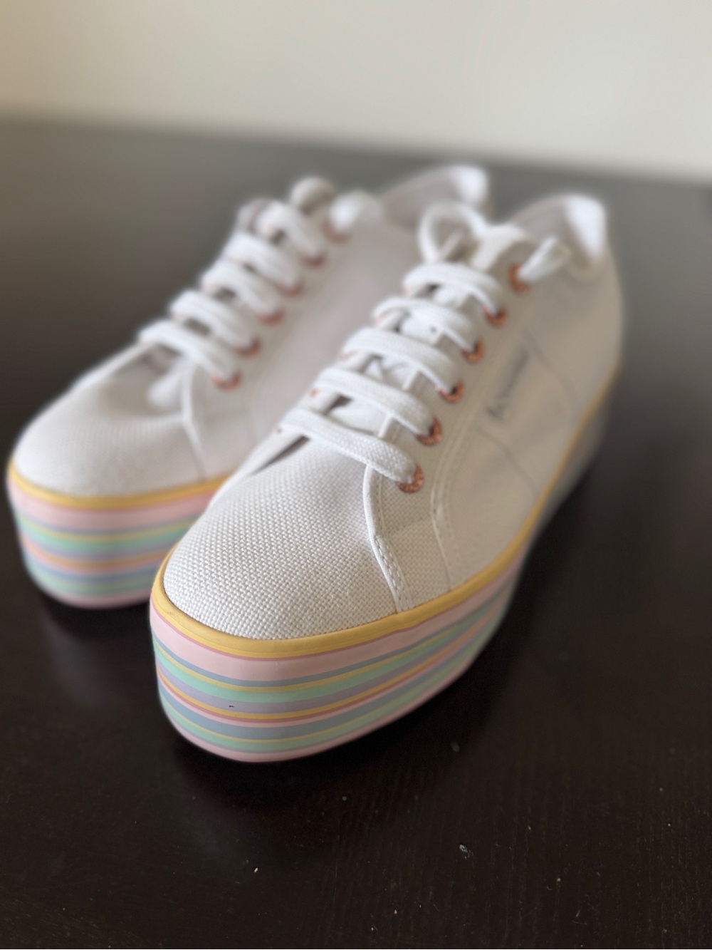 Rare!  Superga White Canvas Platform Sneakers with Pastel Rainbow Stripe Sole